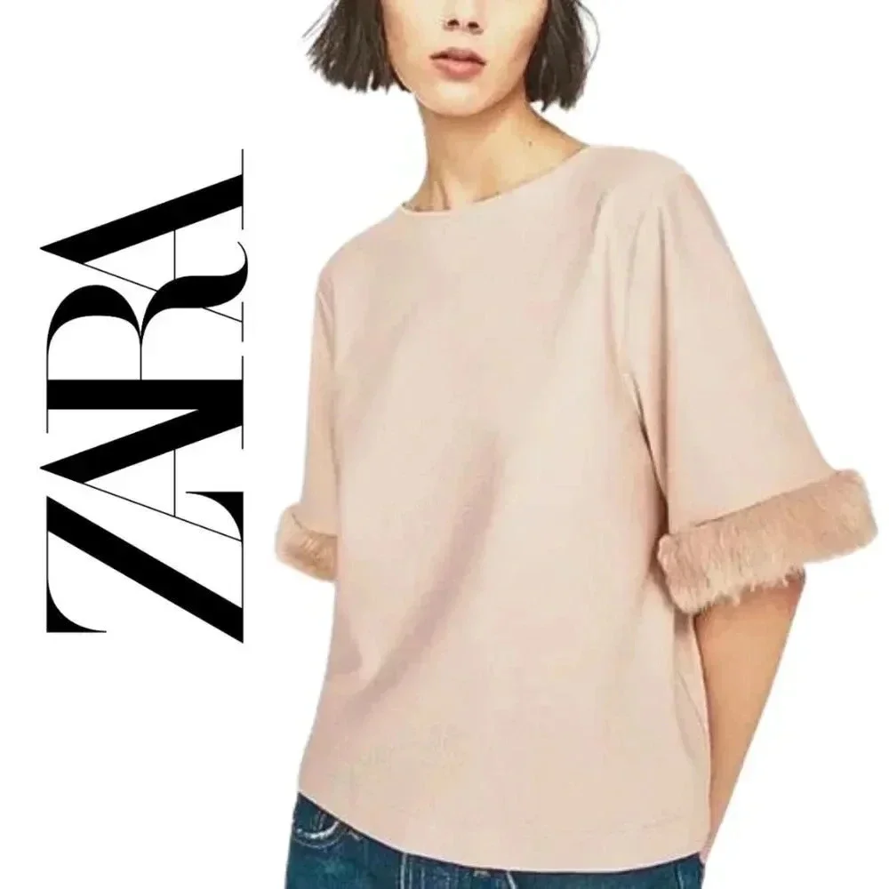 Zara Woman, Boxy Knit Faux Fur Cuff Short‎ Sleeve Top, Tan, Brown, Beige